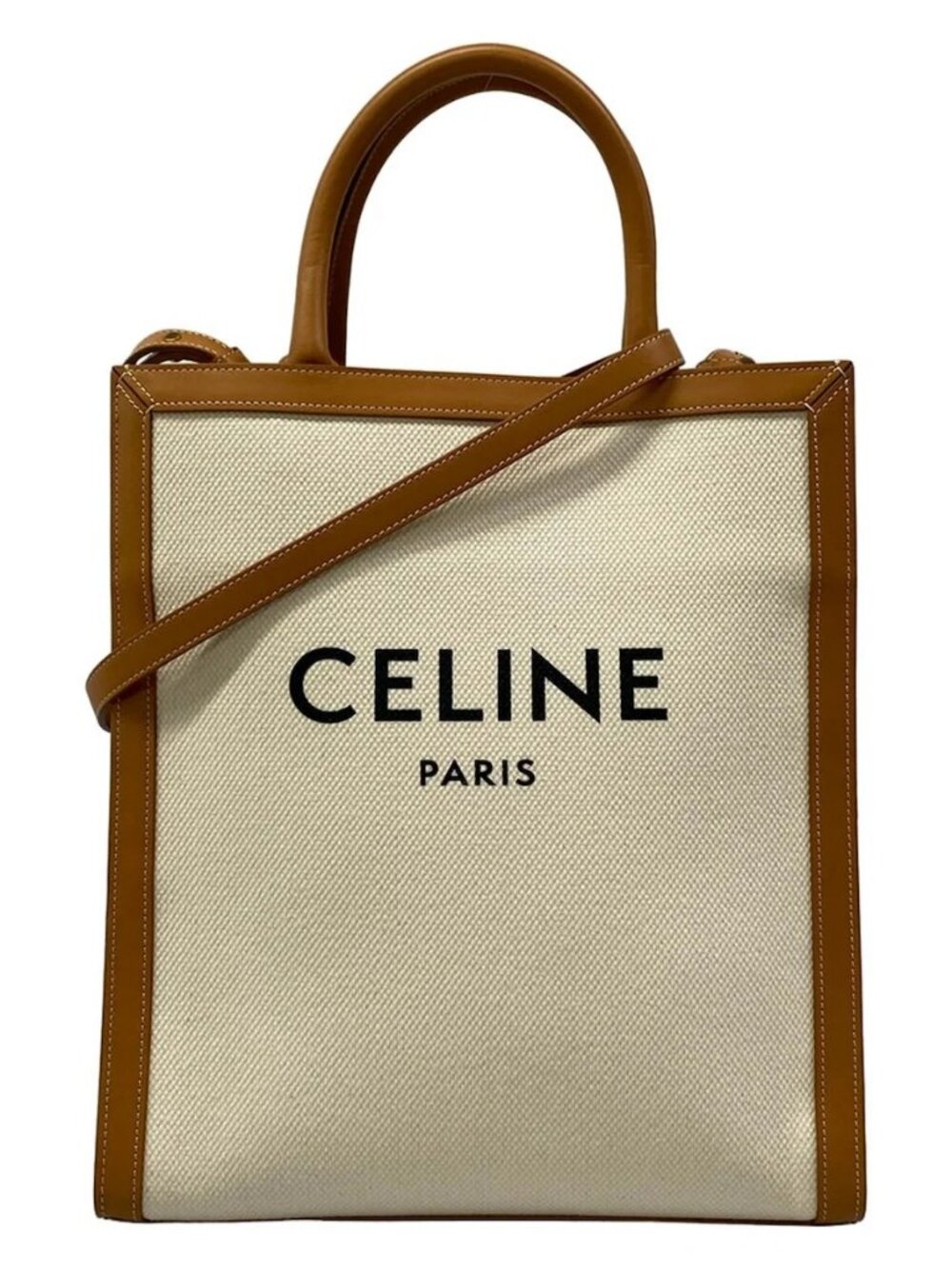 CELINE Small Vertical CELINE Cabas Cream Brown Canvas Leather Tote Bag